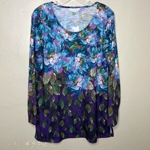 CHRISTOPHER & BANKS Floral Tunic Top Purple & Blue Multicolor Long Sleeve NWT Md
